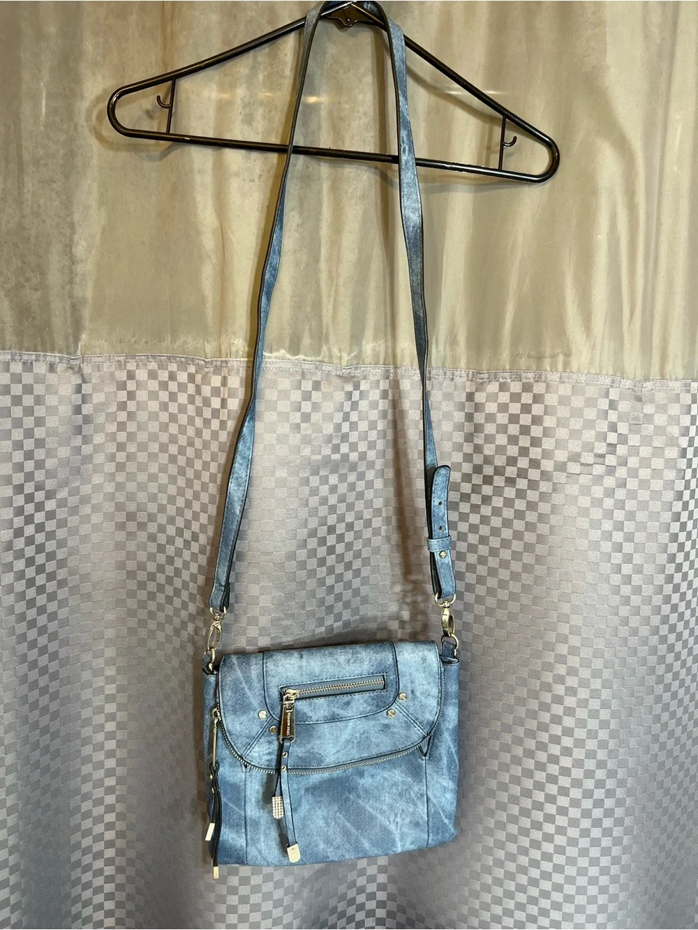 STEVE MADDEN Denim Blue Crossbody Flap Purse Bag Faux Leather Metallic Studs
